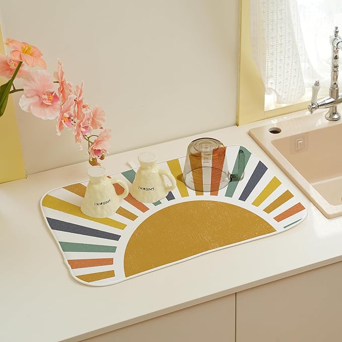 Summer Dish Drying Mats 18x24 Inch Rainbow Sun Stripes Yellow Sunshine Decorative Drying Mats Outdoor Boho Farmhouse Kitchen Decor Coffee Bar Mat for Kitchen Dining Room Decor