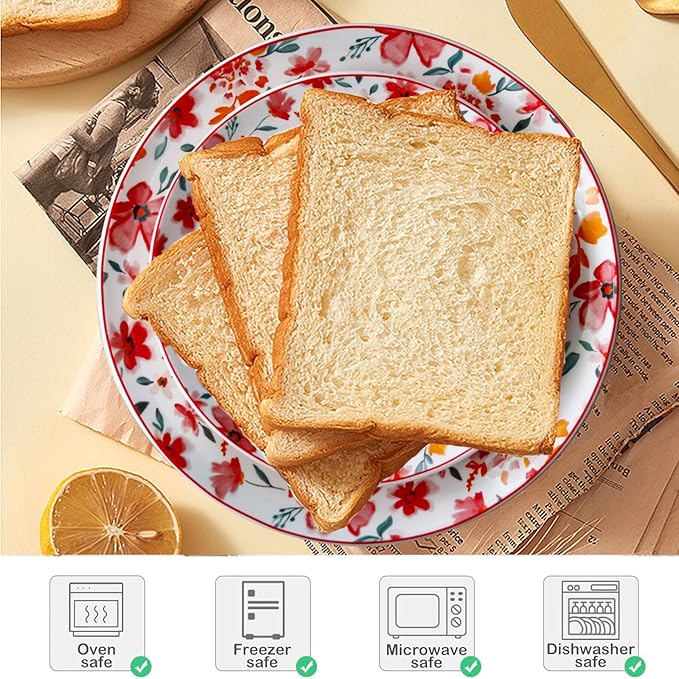 Porcelain Floral Plates 8 Inches &10 Inches Set of 4 Total, Ceramic Dessert Plate, Appetizer Salad Plate Set, Dinnerware Dinner Plates for Kitchen, Cake Snacks