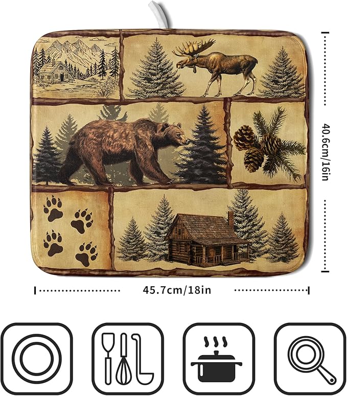 Vintage Bear Moose Dish Drying Mat 16x18 Inch Country Cabin Absorbent Dish Draining Mat Heat Resistant Drying Pad for Counter Sink Home