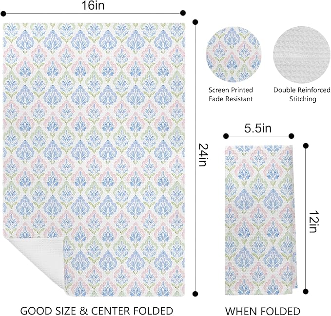 Pink and Blue Grandmillennial Hydrangea Floral Kitchen Dish Towels, Pink Striped Flower Decorative Hand Towels for Bathroom Kitchen, Preppy Floral Bathroom Decor, 16x24 Inch Set of 2