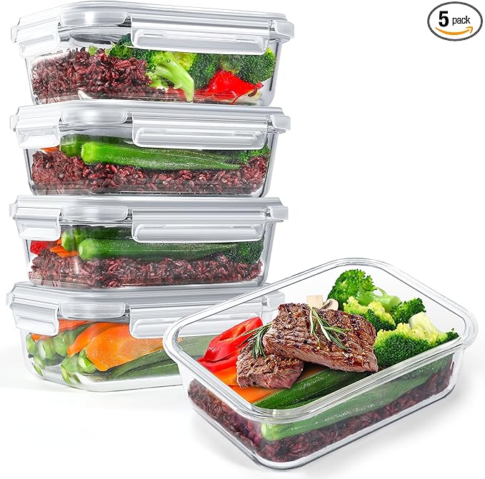 5-Pack 35 oz Borosilicate Glass Food Storage Containers with Lids, Stackable Airtight Glass Meal Prep Containers for Lunch & Leftover, BPA-Free & Leak Proof, for Microwave, Oven, Dishwasher
