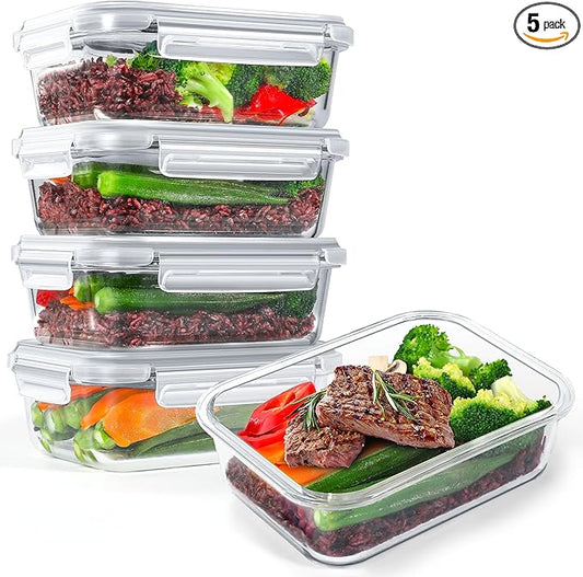 5-Pack 35 oz Borosilicate Glass Food Storage Containers with Lids, Stackable Airtight Glass Meal Prep Containers for Lunch & Leftover, BPA-Free & Leak Proof, for Microwave, Oven, Dishwasher