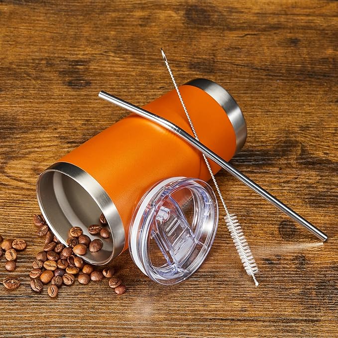COMOOO 20oz Double Wall Vacuum Insulated Travel Mug Bulk Stainless Steel Tumbler with Lid and Straw Durable Powder Coated Insulated Coffee Cup for Cold & Hot Drinks (Orange, 12 pack