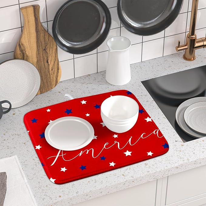 4th of July Dish Drying Mats for Kitchen Counter 16×18 Inch Patriotic Red Small Microfiber Drying Mat Kitchen Accessories Dish Rack Mat Drainer Pad Washable Absorbent
