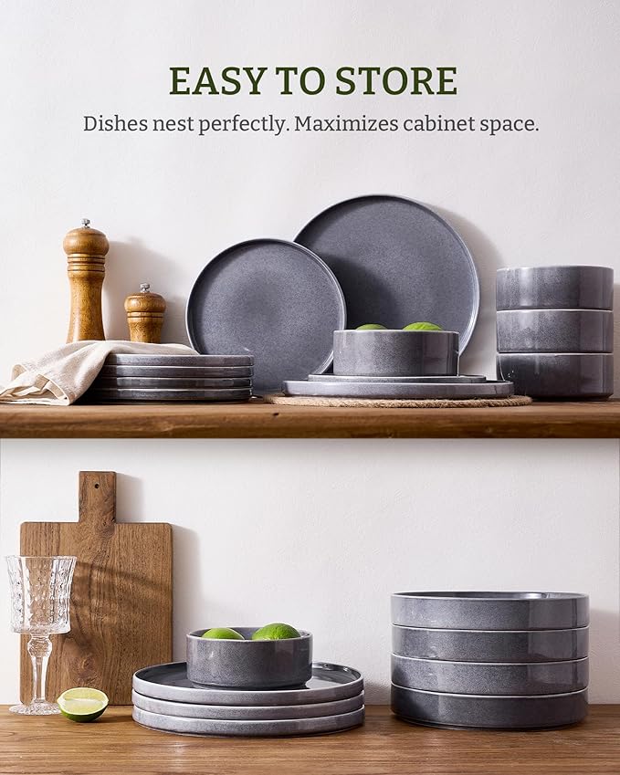 Famiware Annecy Plates and Bowls Sets, Service for 4 (16 Pieces), Dinnerware Sets with Pasta Bowls, Microwave and Dishwasher Safe Dishes Set, Chip and Scratch Resistant, Misty-Blue