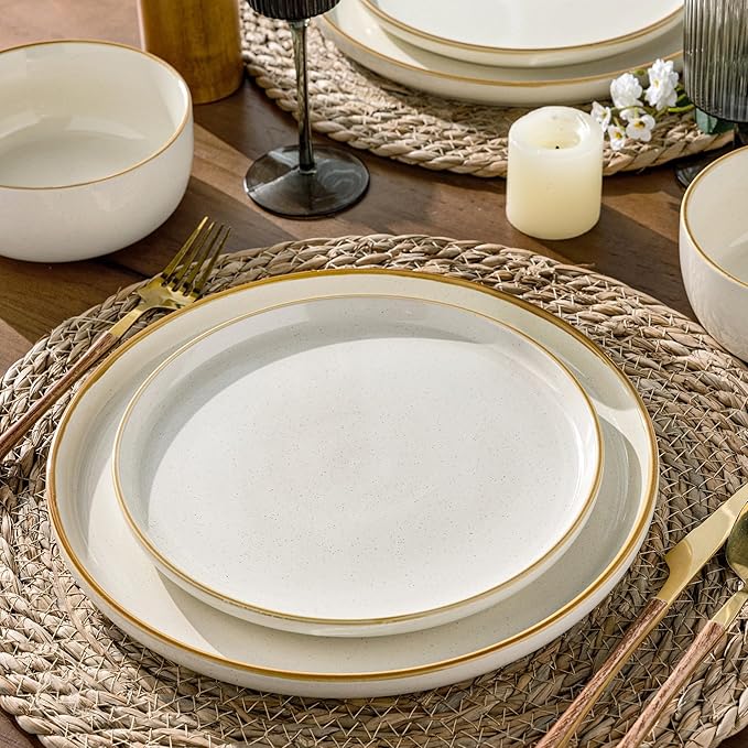 AmorArc Dinnerware Set, 12 Pieces Ceramic Plates and Bowls Sets, Stoneware Plates Set Handpainted, Dishwasher & Microwave Safe Dishes (Speckled Beige, Service for 4)