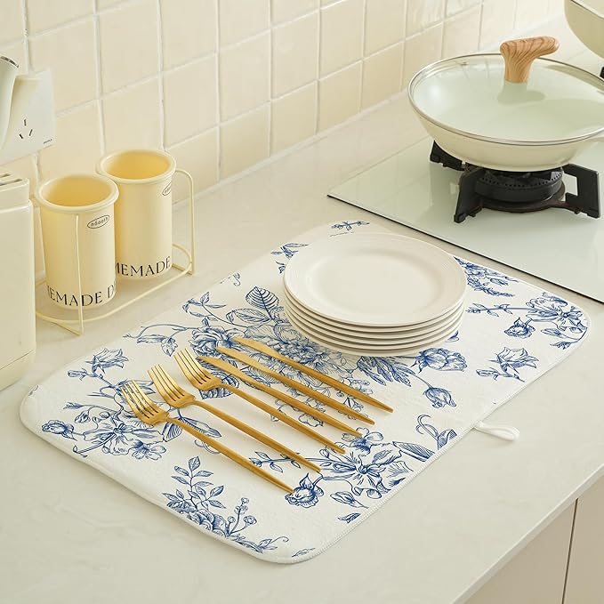 Blue Floral Dish Drying Mats 18x24 Inch Blue and White Chinoiserie Flower Drying Mats Seasonal Vintage Decorative Coffee Bar Mat Absorbent Fast Drying for Kitchen Dining Room Decor