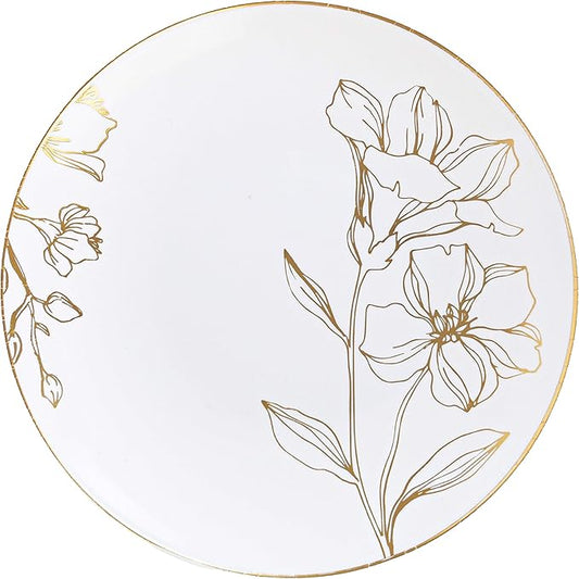 PLASTICPRO White Plastic Floral Design Party Plates With Gold Rim Premium heavyweight Elegant Disposable Tableware Dishes (120, 6'' INCH PLATES)