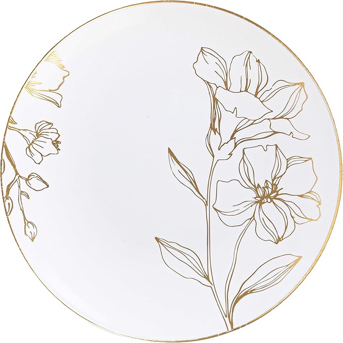 [6'' Plates 10 Count] White Plastic Floral Design Party Plates With Gold Rim Premium heavyweight Elegant Disposable Tableware Dishes