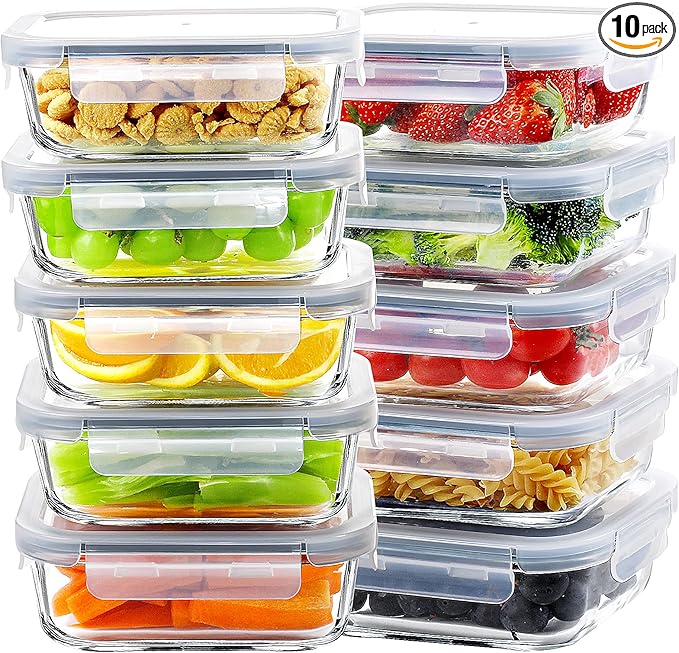 BAYZZ Glass Meal Prep Containers, 10 Packs 22 oz Glass Food Storage Containers with Lids, Airtight Lunch Box, Microwave,Freezer,Dishwasher Safe