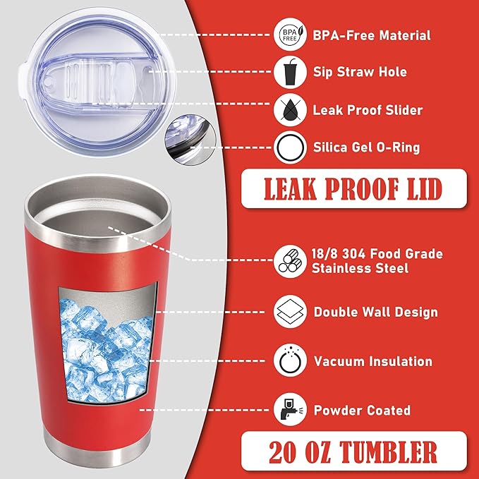 20 oz Tumbler Coffee Tavel Tumblers Bulk with Lid Stainless Steel Double Wall Vacuum Insulated Mug Powder Coated Cups fit Car Cupholder for Hot and Cold - Red, 12Pack