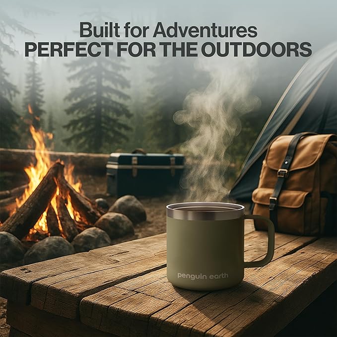 14 oz. Camping Mug with Lid, Coffee Mug. Travel Cup, Powder Coated, Vacuum Insulated, Stainless Steel, BPA Free. Travel Tumbler Cup, Dishwater safe (Green)