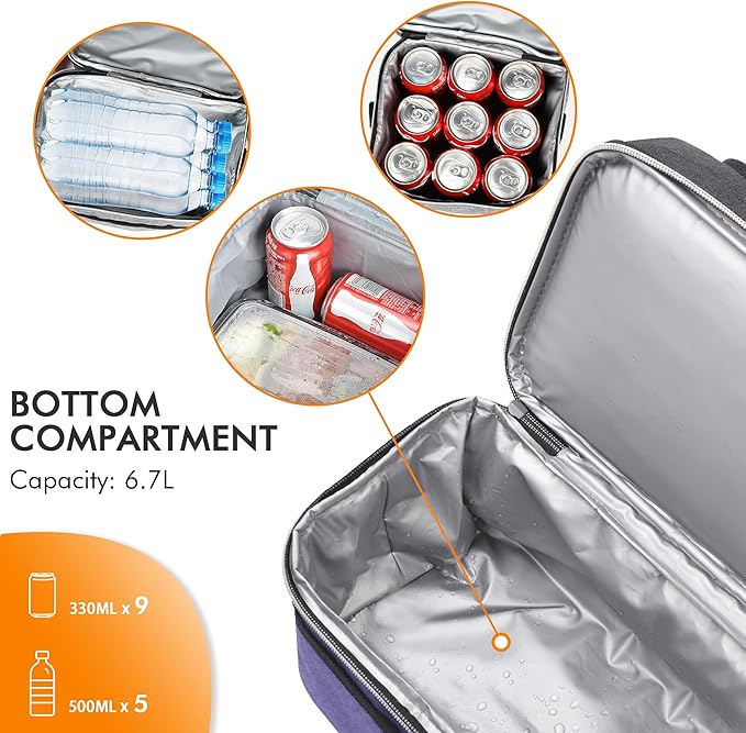 Tirrinia Reusable Lunch Box for Men Women, Insulated Lunch Bag Adult Work, Double Decker Leakproof Lunchbox for Office Picnic Beach—Dual Compartment Lunch Cooler Bag,Purple