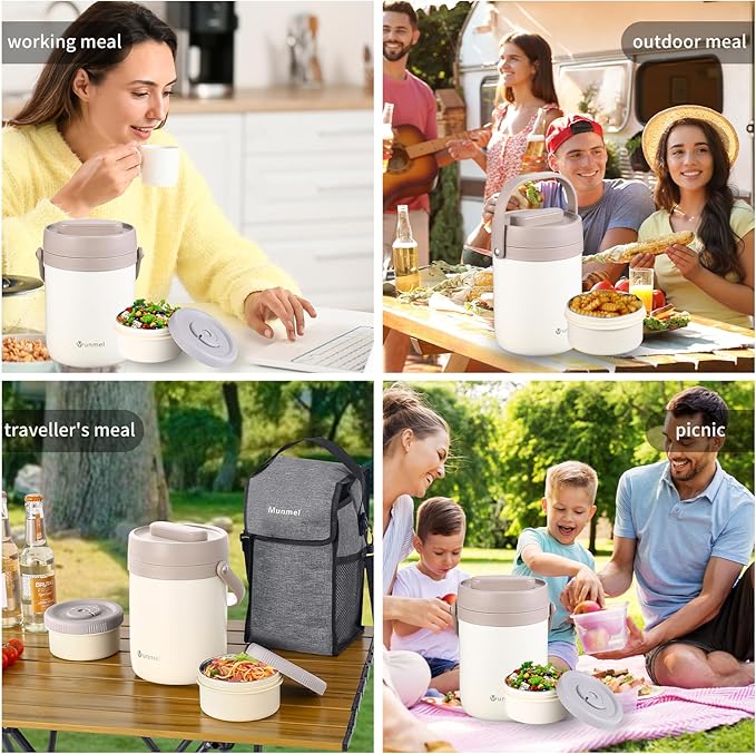 Adults Lunch Vacuum Soup Thermo For Hot Food with Inserts Stackable Bento Box Storage Container,Width Mouth Stainless Steel Portable Insulated Food Jar (white, 74 oz)