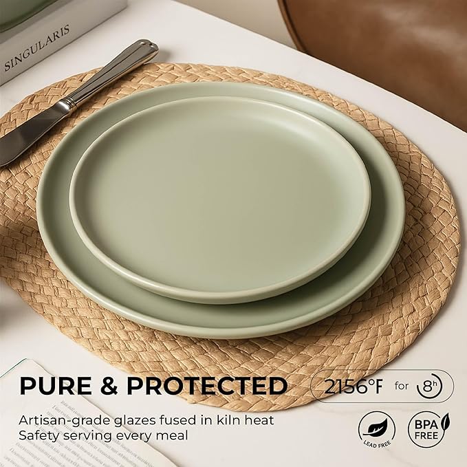 12-Piece Matte Green Dinnerware Set,Stoneware Dinnerware for 3, Microwave & Dishwasher Safe, Stackable Design for Kitchen and Dining - Plates,Bowls and Mugs