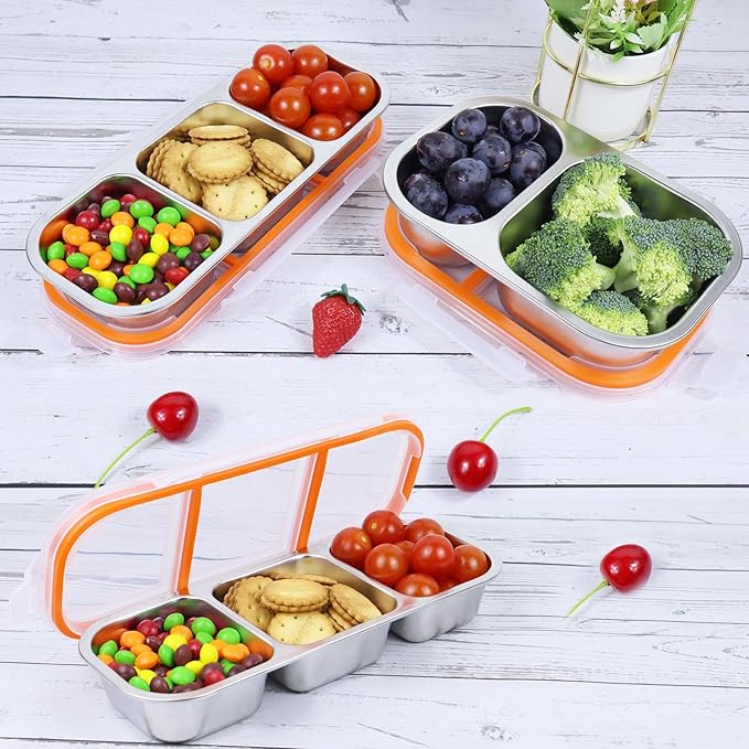 Stainless Steel Snack Box Containers, Reusable 3 Compartment Condiment Box with Lids, Food Container Sauce Cups, Divided Food Storage Containers for Home and Travel (Clear Lid)