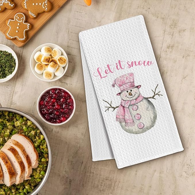 Pink Chinoiserie Christmas Snowman Kitchen Towels, Preppy Winter Dish Towels Drying Cloth for Kitchen, Let It Snow Xmas Holiday Snowman Decorative Hand Towel for Bathroom, 16x24 Inch