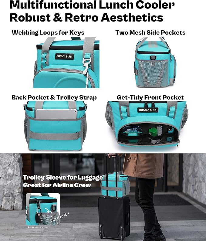 SUNNY BIRD 12L Large Insulated Lunch Bag, Leakproof and Foldable Lunch Cooler Box for Women Adult and Men, Fits 18 Cans (Aqua Blue 01)