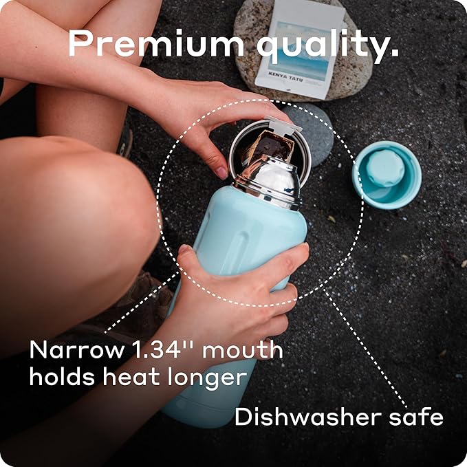 BOBBER 34 oz Stainless Steel Travel Thermos for Hot and Cold Drinks – Dishwasher Safe Metal Water Bottle with Cup Lid – Keeps Hot for 48 Hours – BPA-Free, Vacuum Insulated (Light Blue)