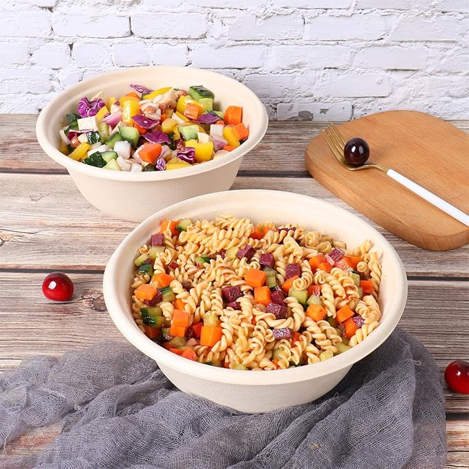 40 oz Disposable salad bowls with lids,Sugarcane Paper Bowls take away food containers Plant Fibers Freezer Safe 25 Pack