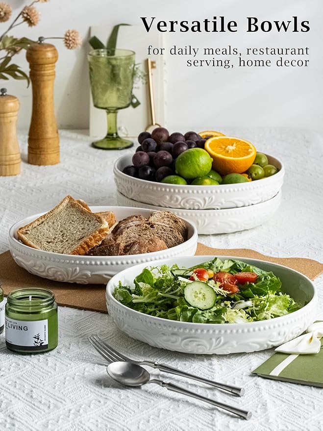 YHOSSEUN Ceramic Pasta Bowls Set of 4, 50 OZ Large Salad Serving Bowl, 9.75" Pasta Plates Shallow Bowl Plate, Microwave Dishwasher Safe, Embossed Morning Glory