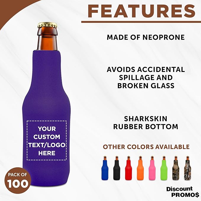 100 Neoprene Zippered Beer Bottle Coolies Pack - Customizable Text, Logo - Sharkskin Rubber Bottom - Purple