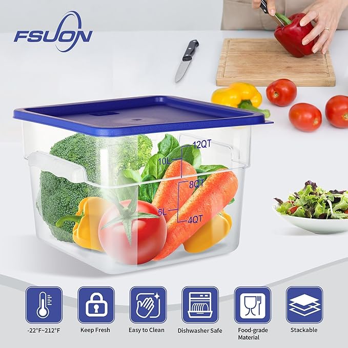 4 Pack Clear Food Storage Containers with Lids and Handles Polycarbonate Square Commercial Food Containers, NSF (12Qt)