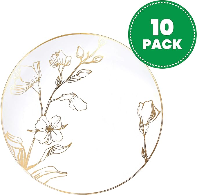 [7'' Plates 10 Count] White Plastic Floral Design Party Plates With Gold Rim Premium heavyweight Elegant Disposable Tableware Dishes