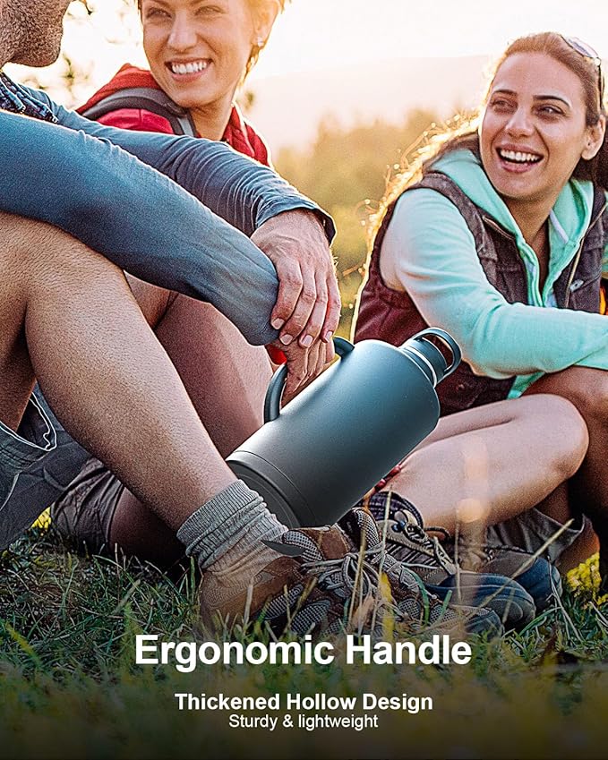 Trebo 128 oz Water Bottle Insulated with Handle, One Gallon Stainless Steel Metal Large Jug, Travel Flask with Straw Spout Lid, Mug Tumbler Cup with Carry Pouch, Keep Cold Hot, Indigo Black