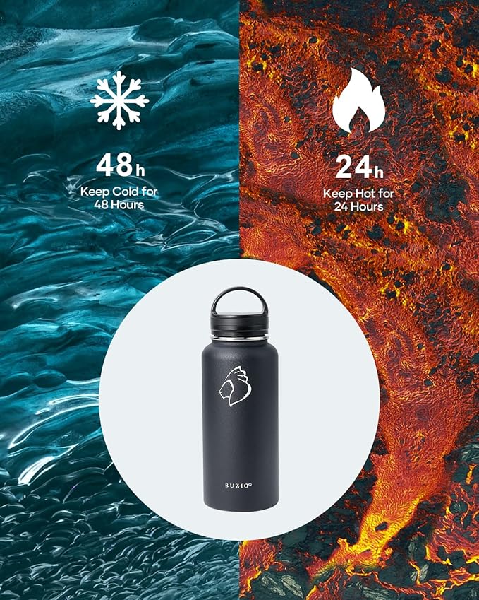 BUZIO 32 oz Water Bottle Insulated with Straw & 3 lid and Carrying Pouch, Leak Proof Anti-Slip Stainless Steel Water Flask Jug, Cold for 48 Hrs Double Vacuum Thermo Canteen, BPA-Free, Black