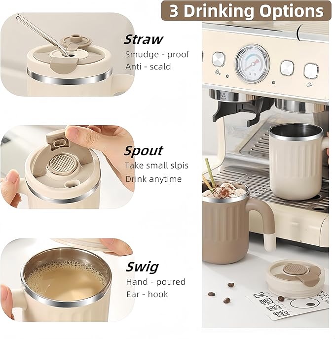 16oz Insulated Coffee Mugs - Ideal for Indoor Office Use. Features SUS 304 Inner, Double Wall Insulation, Detachable Silicone Ring. 3 Drinking Options. Available in White, Brown, Pink (khaki)