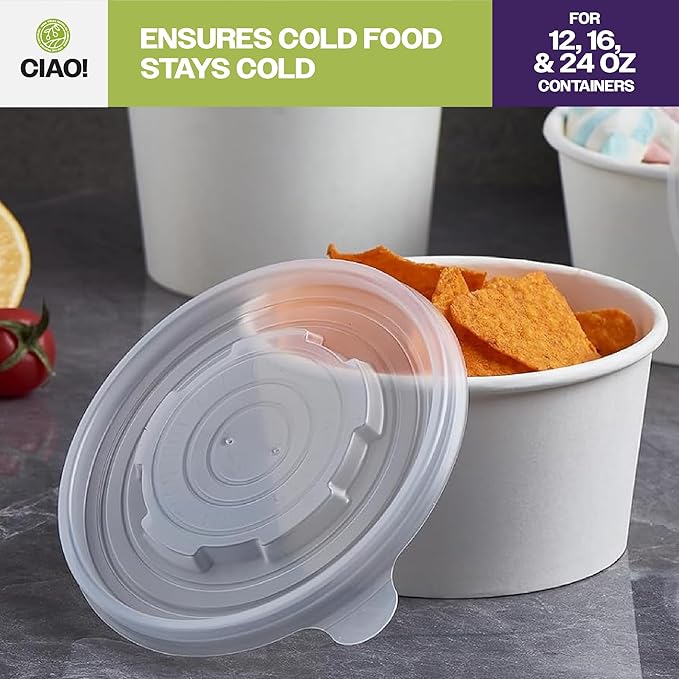 CIAO! 115mm Diameter PP Lid, Designed and Fit BRAND 12/16/24oz Paper Food Container (500/case)