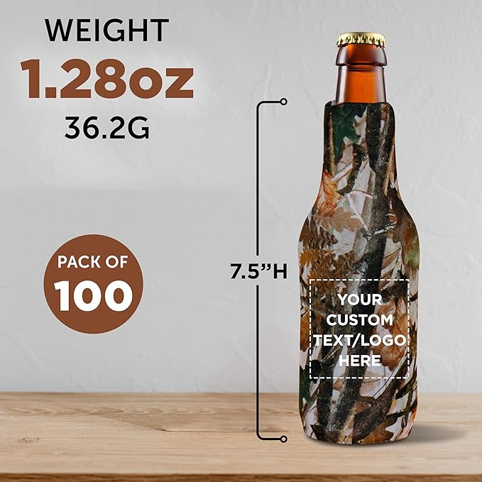 100 Neoprene Zippered Beer Bottle Coolies Pack - Customizable Text, Logo - Sharkskin Rubber Bottom - Camo3