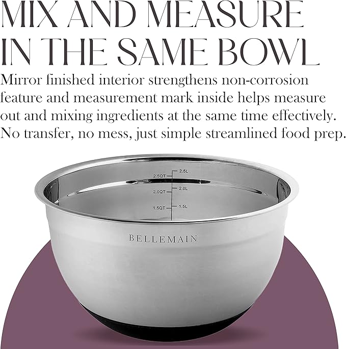 Bellemain Mixing Bowls with Lids Set - Stainless Steel Mixing Bowls with Airtight Lids - Food Storage Containers - 3PCS Set with Non-Slip Bottoms Kitchen Essentials for Baking - Serving