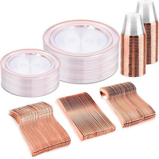 bUCLA 150PCS Clear Rose Gold Disposable Dinnerware set - Rose Gold Plastic Plates Include 25 Dinner / 25 Dessert Plates, 25 Knives, 25 Forks, 25 Spoons, 25 Cups for Party, Wedding & Mother's Day