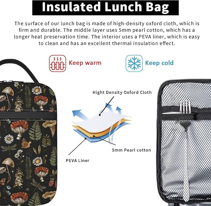 SUPLUCHOM Lunch Box Vintage Mushroom Leaf Forest Insulated Bag Reusable with Side Pocket for Work School Picnic Hiking Daytrip Kid Over 3 Years Old