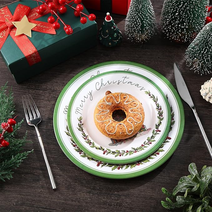 6 Pcs Christmas Dinner Plates Xmas Tree Melamine Dinnerware Green Plates Xmas Wreath Dishes Holiday Tableware for Dessert Salad Appetizer Birthday Party(Christmas Tree,8 Inches)