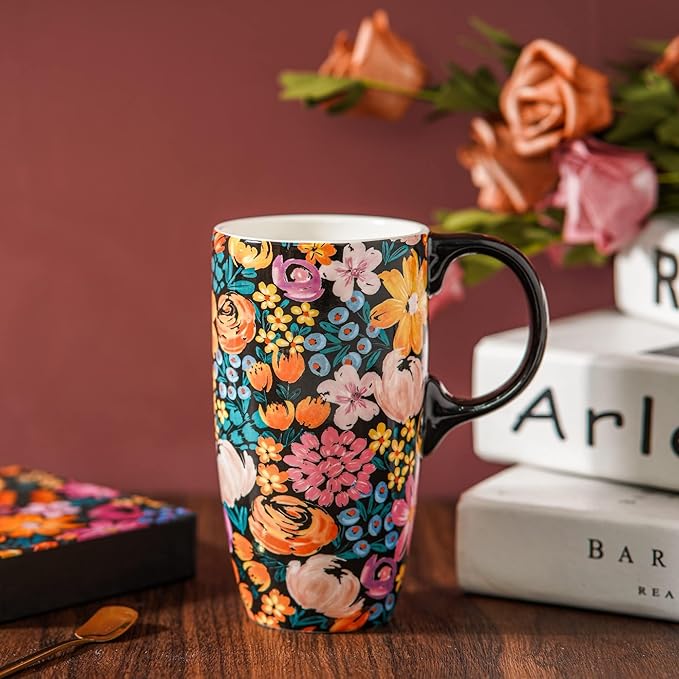 Topadorn Ceramic Mugs Porcelain Latte Tea Cup Coffee Mug with Gift Box,17oz. Flowers