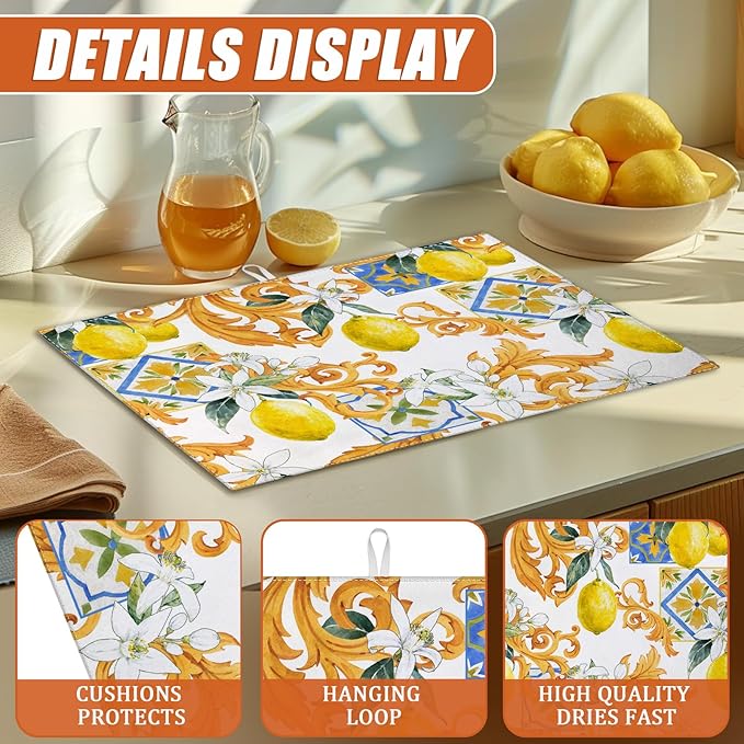 Watercolor Lemon Dish Drying Mat for Kitchen Counter Microfiber Absorbent Dish Kitchen Drying Mat Draining Reusable Washable for Dishes/Utensils/Counterto