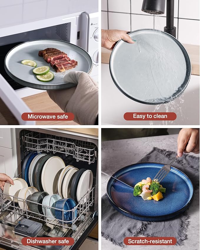 Famiware Star Dinnerware Set, Plates and Bowls Sets for 4 (12pcs), Ribbed Stoneware Dishes - Chip & Scratch Resistant, Microwave & Dishwasher Safe, Multicolor - Cappuccino White & Smoky Blue