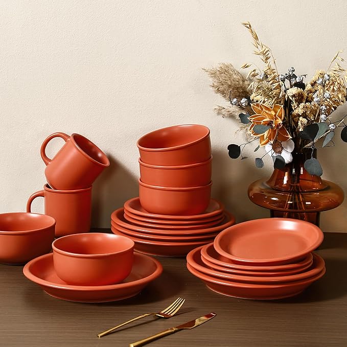 GZG Vintage Series - Ceramic Dinnerware Set for 2, 6 Pieces Stoneware Plates and Bowls Set, Lead-Free, Handcrafted Dishes Set, Microwave & Dishwasher Safe - Terracotta Red