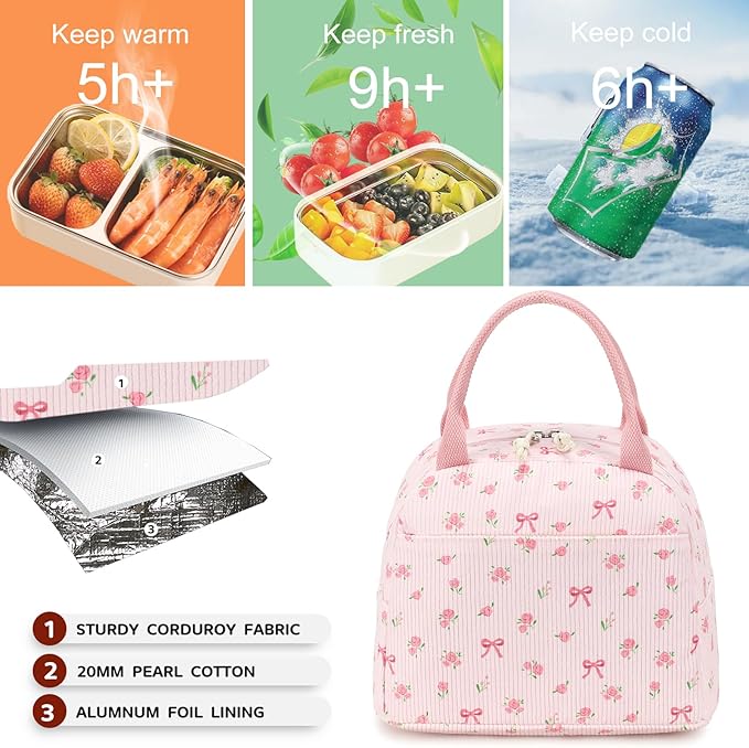 Bluboon Lunch Bag for Women Men Cute Corduroy Lunch Tote Bags Reusable Insulated Lunch Box Large Capacity Reusable Insulated Cooler for Work Picnic or Travel