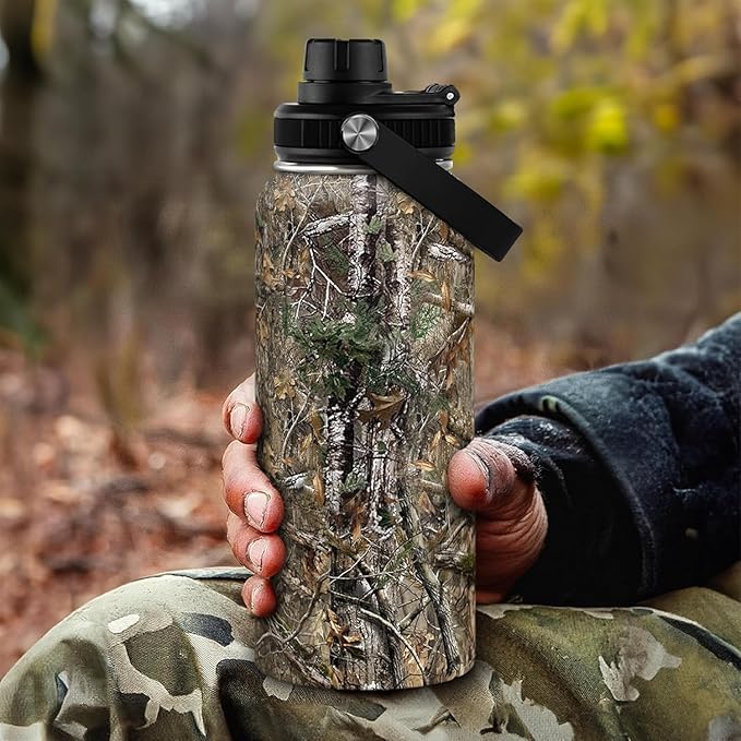 Camouflage Insulated Stainless Steel Water Bottle 32oz, Vacuum Chug Lid Travel Tumbler for Men Friends Dad Hunter Hunting Lovers, Gift for Birthday Christmas Father's Day