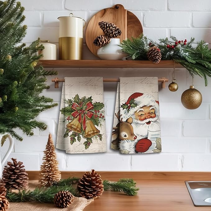 Christmas Kitchen Towels,Vintage Retro Santa Claus Dish Towels Set of 2,Christmas Kitchen Decor Tea Towels for Kitchen,Hand Towels for Bathroom,Gifts for Women,16×24 Inches