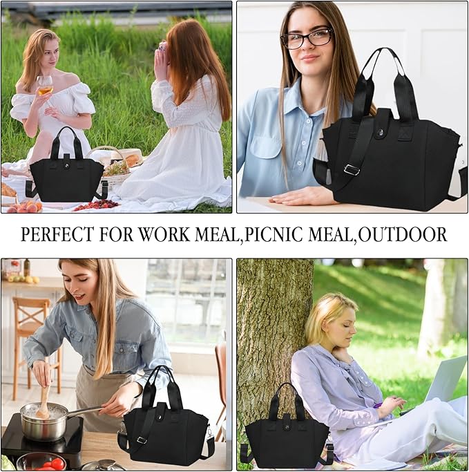 CAMTOP Lunch Box for Women Insulated Lunch Bag Lunchbox Cooler Thermal Leakproof Quilted Reusable Lunch Tote Bag for Work School Travel Picnic (Z-Black)