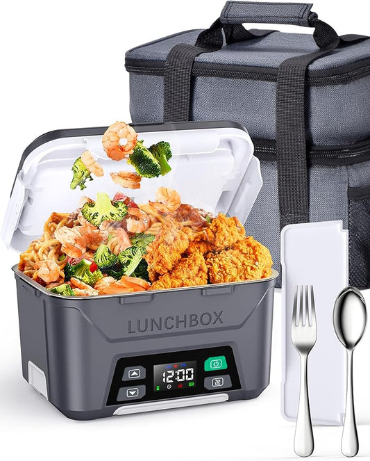 Rechargeable Heated Lunch Box for Men, 1.3L Cordless Electric Lunch Box for Adults with Scheduled Heating, Portable Food Warmer with Large Bag, Cutlery, Removable Divider