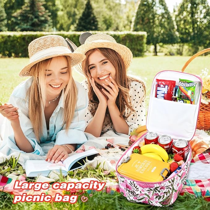 Aileam Lunch Box Lunch Bag for Women Cute Girls Lunch Box Insulated Womens Lunch Bag For Work Quilted Large Capacity Reusable Insulated Cooler for Work School Picnic Travel, Vintage Flower