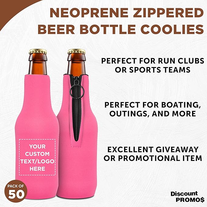 50 Neoprene Zippered Beer Bottle Coolies Pack - Customizable Text, Logo - Sharkskin Rubber Bottom - Neon Pink