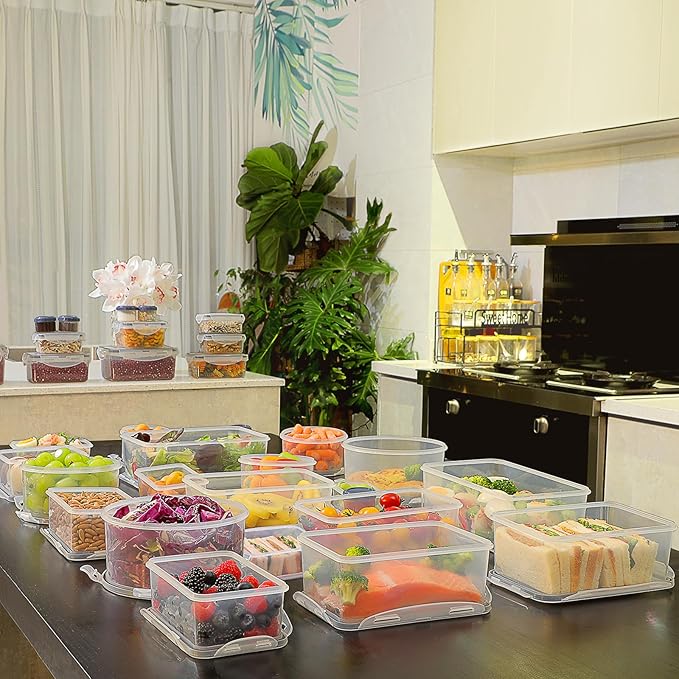 50 PCS Food Storage Containers Set, Plastic Food Containers for Pantry Kitchen Storage and Organization, Microwave and Dishwasher Safe, Leakproof & BPA-Free with Labels Pen(25 Containers & 25 Lids)