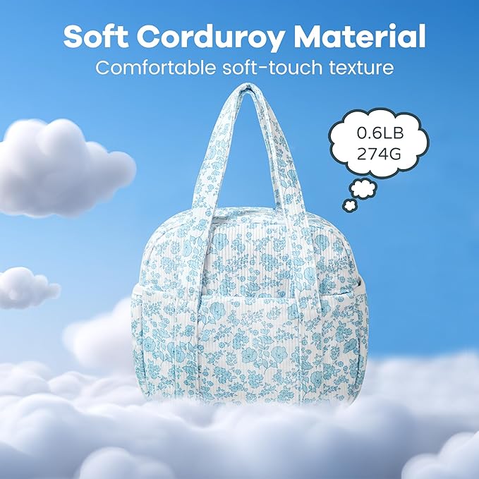 Yarnic Lunch Bag Women Men Insulated, Large Corduroy Lunch Box for Work with Bottle Pockets, Stylish Reusable Cooler Tote for Adults Teachers Picnic Hiking (Blue Flower)